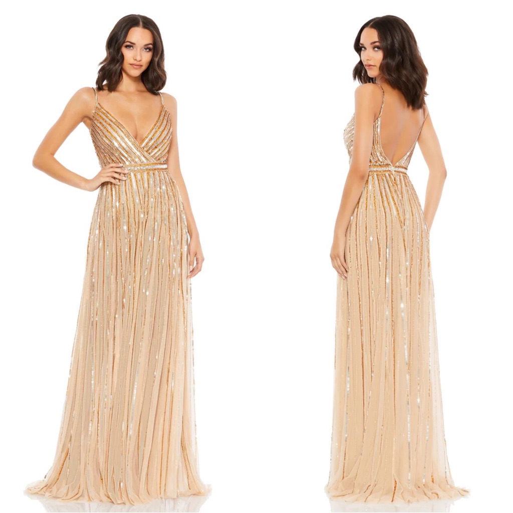 Mac Duggal 93801 Sequined Wrap Over Sleeveless Gown Size 4 Nwt Nude Gold